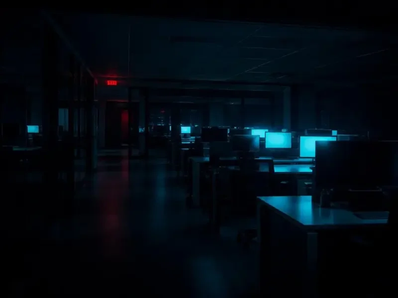夜晚空荡的办公走廊，冷蓝色灯光与绿色指示牌微光
